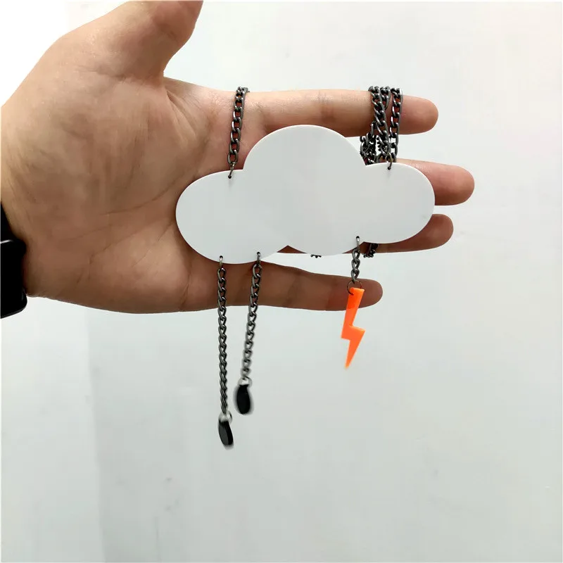 KUGUYS Large Long Rainy Day Pendant Necklace for Women Acrylic Big Raindrops White Clouds Lightning Tassel Jewelry Accessories