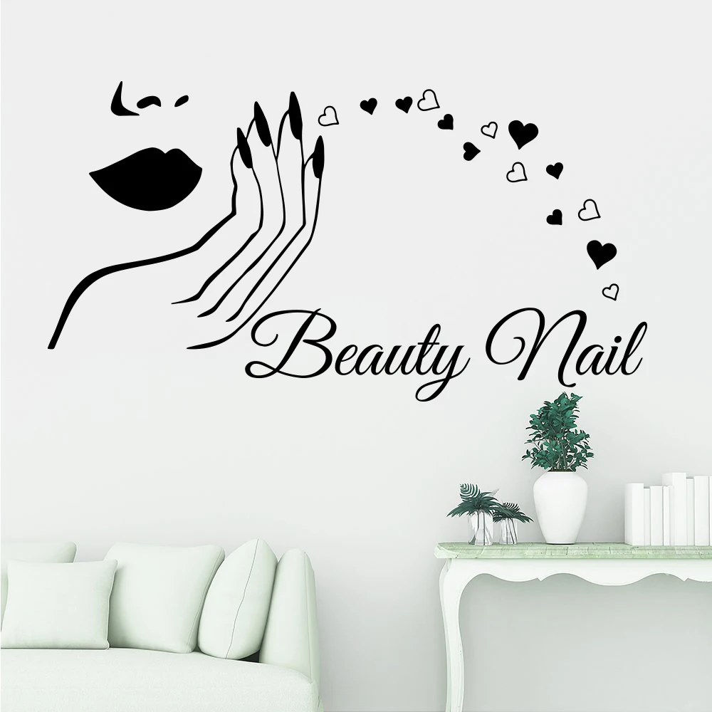 Large Beauty Nail Art Salon Woman Face Lips Hand Wall Decal Makeup Spa Manicure Skincare Heart Salon Wall Sticker Vinyl Decor