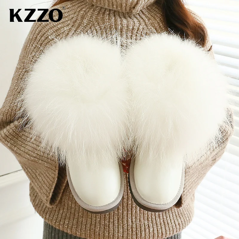 KZZO Fashion Style Natural Real Fox Fur Women Snow Boots Genuine Leather Wool Lined Ankle Winter Warm Shoes Waterproof White