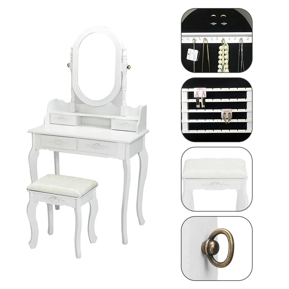 Dressing Table Modern Concise 4-Drawer 360-Degree Rotation Removable Mirror Dresser White with Dressing Table Stool