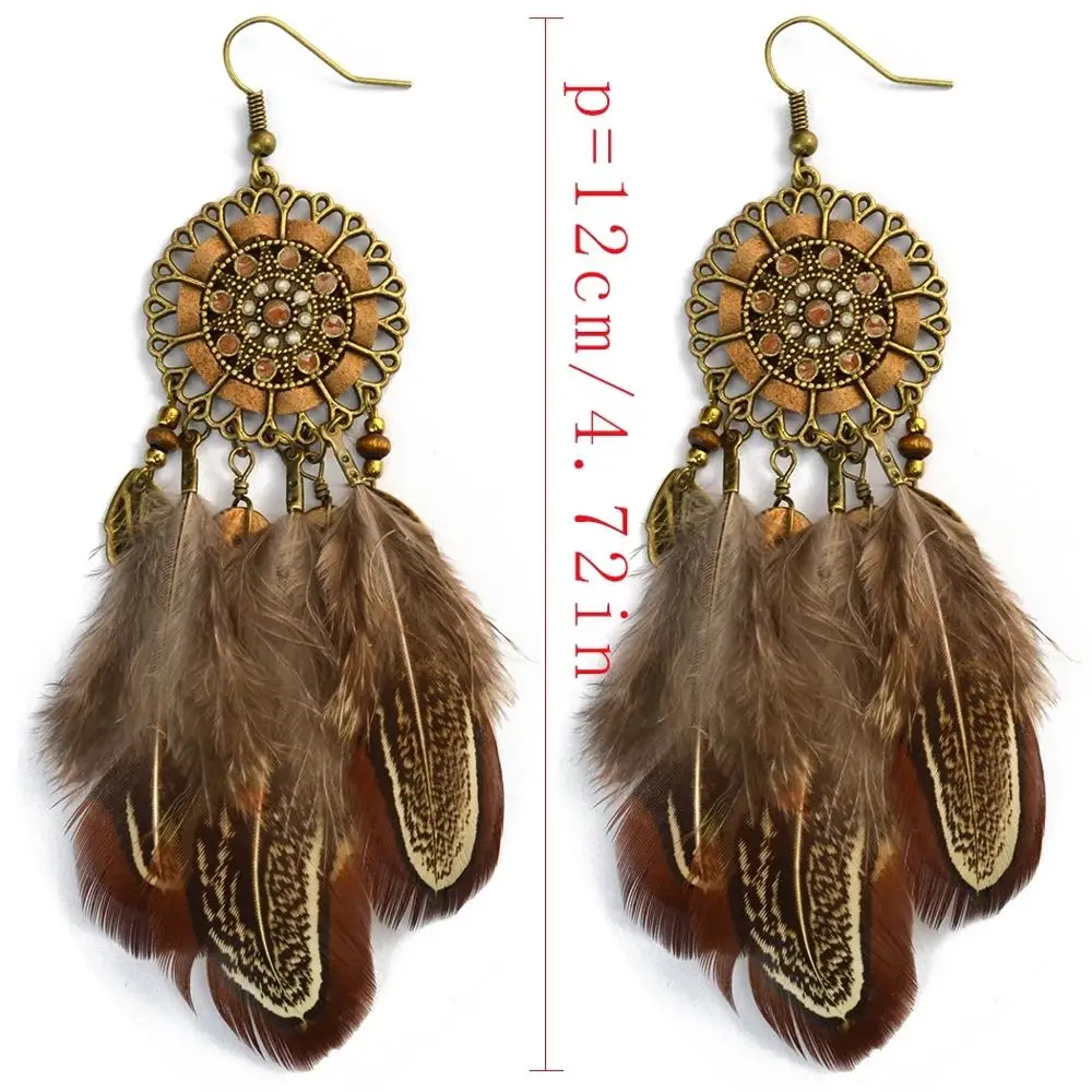 Fashion Long Tassel Brown Feather Bride Wedding Earrings Bohemian Vintage Wooden Beads Dangle Earrings For Women Indian Jewelry