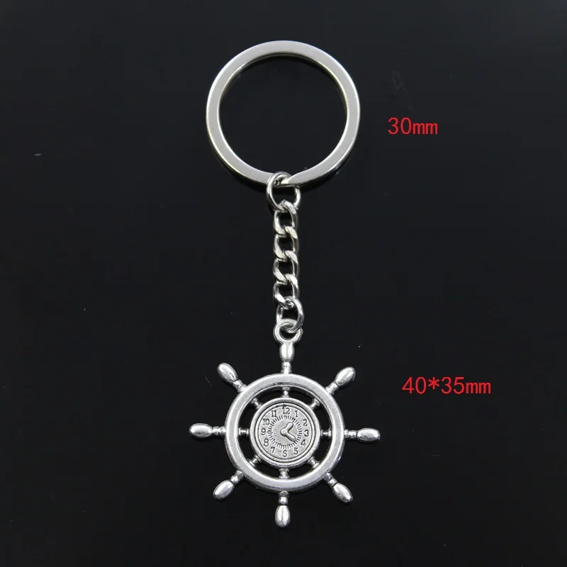 New Fashion Men 30mm Keychain DIY Metal Holder Chain Vintage Rudder Helm Anchor Ship Clock 40x35mm Silver Color Pendant Gift