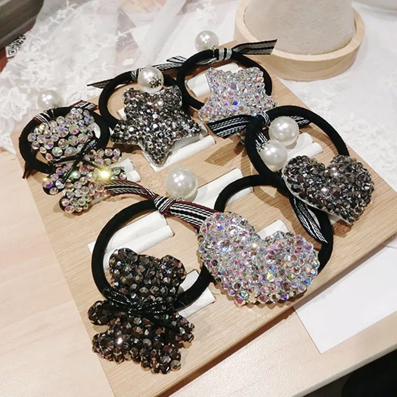 Full Rhinestone Bow Hair Accessories Elastic Hair Bands Luxury Crystal Doll Bear Heart-shape Hair Tie Rubber Band Gums Wholesale