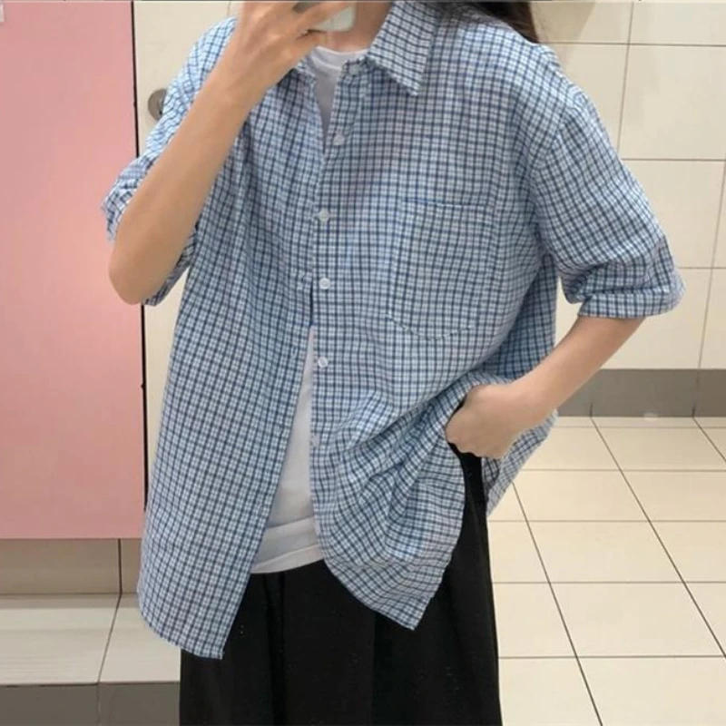 Summer Shirts Women Harajuku Plaid Blouses Short Sleeve Daily Streetwear Sweet Simple Ins Tops Korean Style Loose Girls Outwear