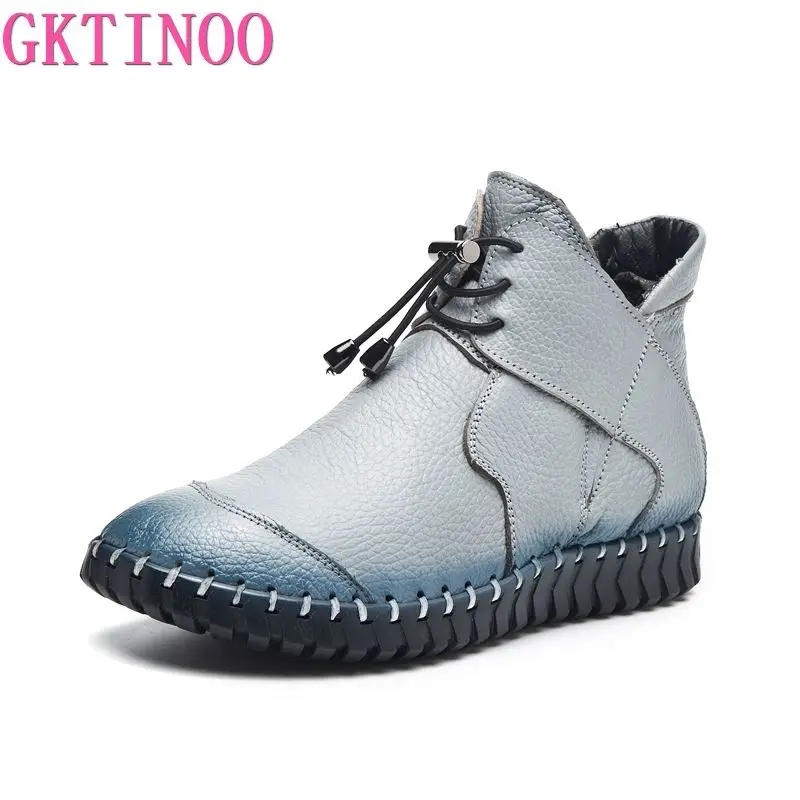 GKTINOO New Women Genuine Leather Boots Handmade Flat Booties Soft Cowhide Women\'s Shoes Lace-Up Ankle Boots Female Winter