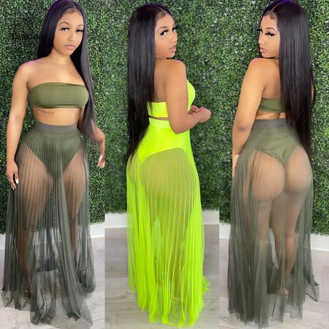 

Sexy Women Set Two Pieces Set Strapless Bra Crop Top Transparent Gauze Long Shorts Skirt 2 Pieces Set Outift