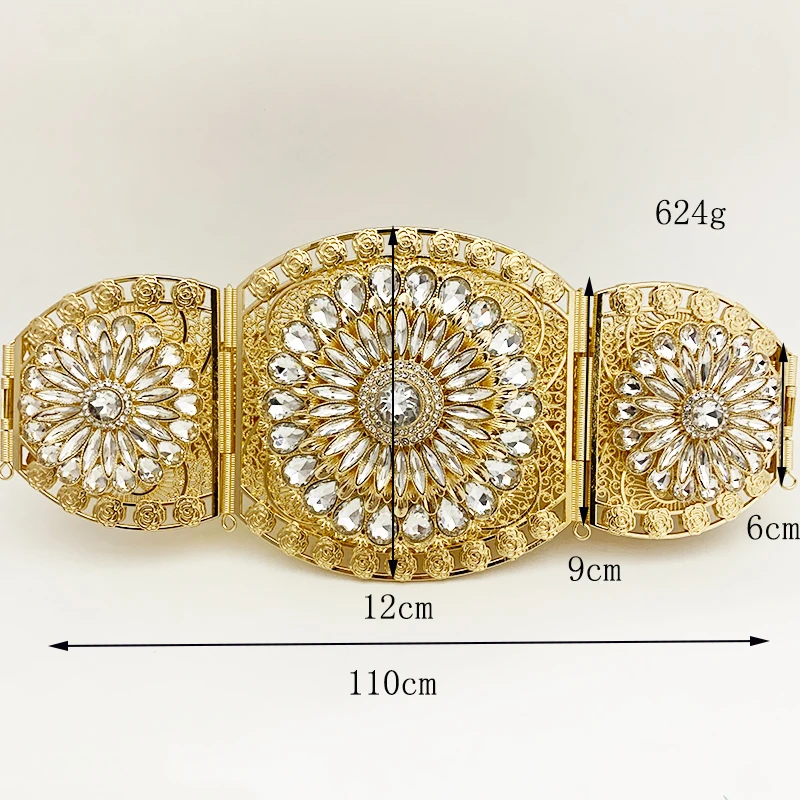 Cinturón de boda de lujo de Metal ancho argelino marroquí con incrustaciones de diamantes de imitación cadena de cintura de flor hueca redonda