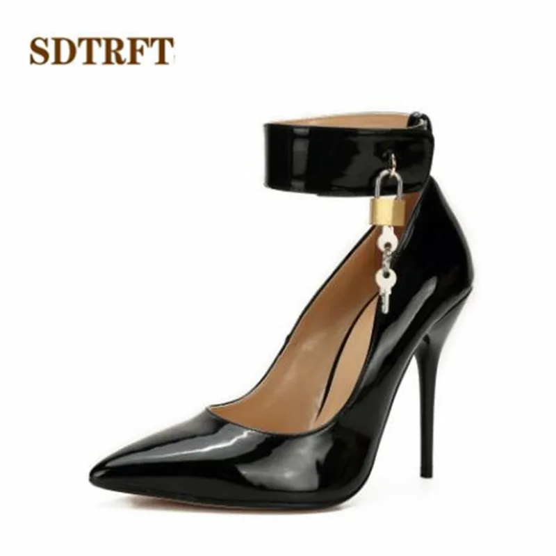 SDTRFT 12cm Thin Heels Pumps Pointed Toe Ladies Crossdresser Shiny Ballet Locked Padlocks Fetish Women Ballet Shoes Stilettos