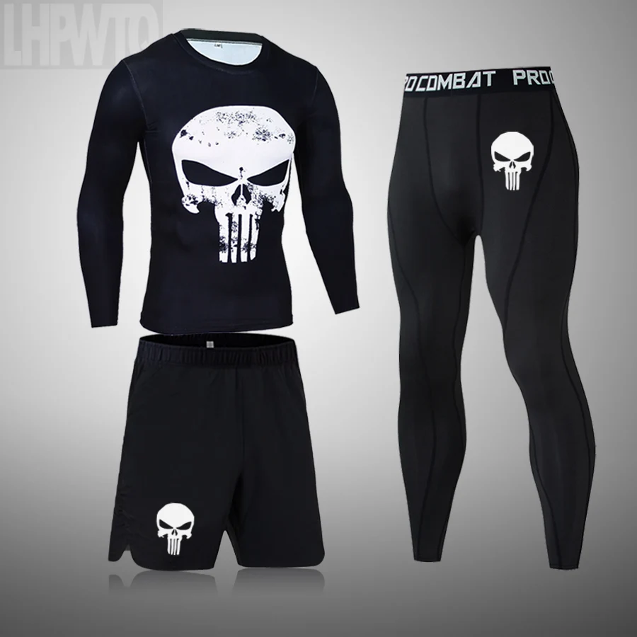 Fitness Training Clothes 3D Skull Thermal Underwear Compression Men's Suit Sports Running Clothes Warm Base Layer 3XL