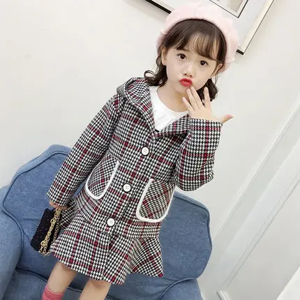 

Girls Woolen Jacket Outerwear Spring Fall Children's Woollen Overcoat Medium-Length Kids Plaid Ruffles Hooded Coat 3-13Y P188