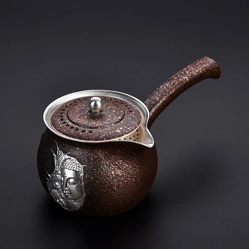 Side Handle Silver Gilded Teapot Kungfu Tea Set Ceramic Teapot Domestic Pu'er Tea Maker Single Pot Pottery