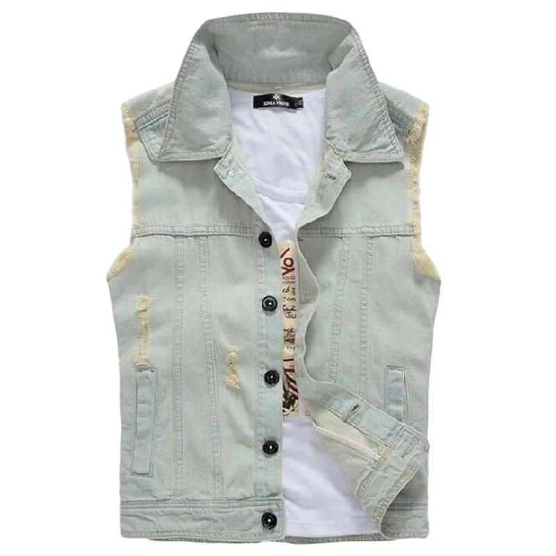 

New Fashion Denim Vests Men's Jacket Sleeveless Casual Vintage Waistcoat Men's Sleeveless Coat Ripped Slim Fit Jacket M-4XL