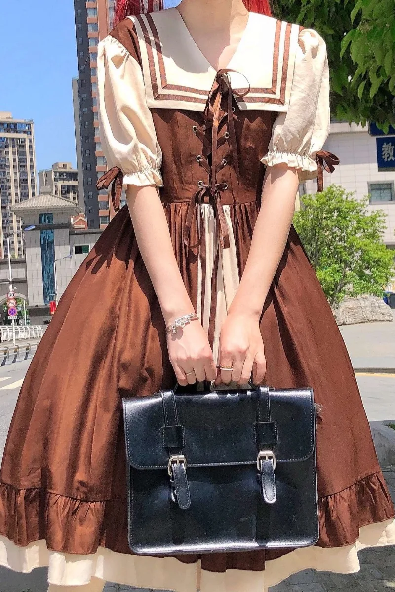 Vestido de verano de manga corta para mujer, estilo japonés, Lolita ligero, diario, contraste de Color, con cordones, cuello de marinero, Swing grande