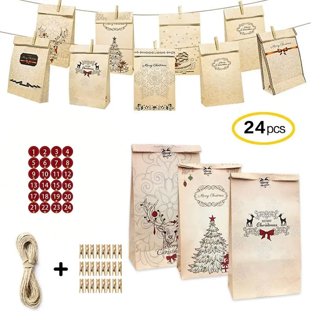 24Pcs Advent Christmas Calendars Kraft Paper, Candy Bag with Stickers Clips Rope