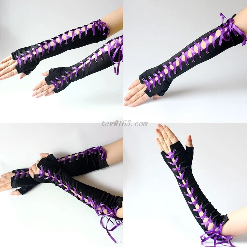 Women Sexy Elbow Length Fingerless Long Gloves String Ribbon  Lace Up Dance Gothic Style Cosplay Mittens Arm Warmer