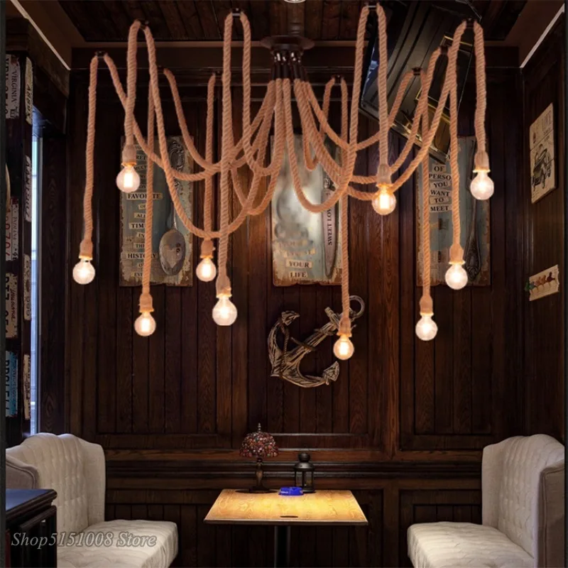 Loft Hemp Rope Pendant Lamp Vintage Net Spider Chandeliers Ceiling Pendant Creative Bar Lamp DIY Cafe Fairy Lights Weave Wire