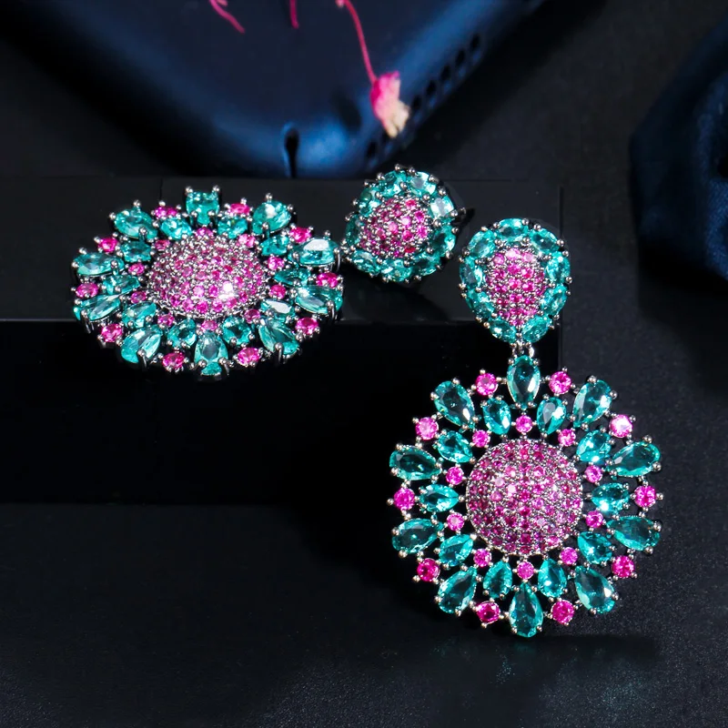 CWWZircons Aesthetic Brazilian Hot Pink and Blue Cubic Zirconia Crystal Big Dangle Drop Flower Party Earrings for Women CZ701