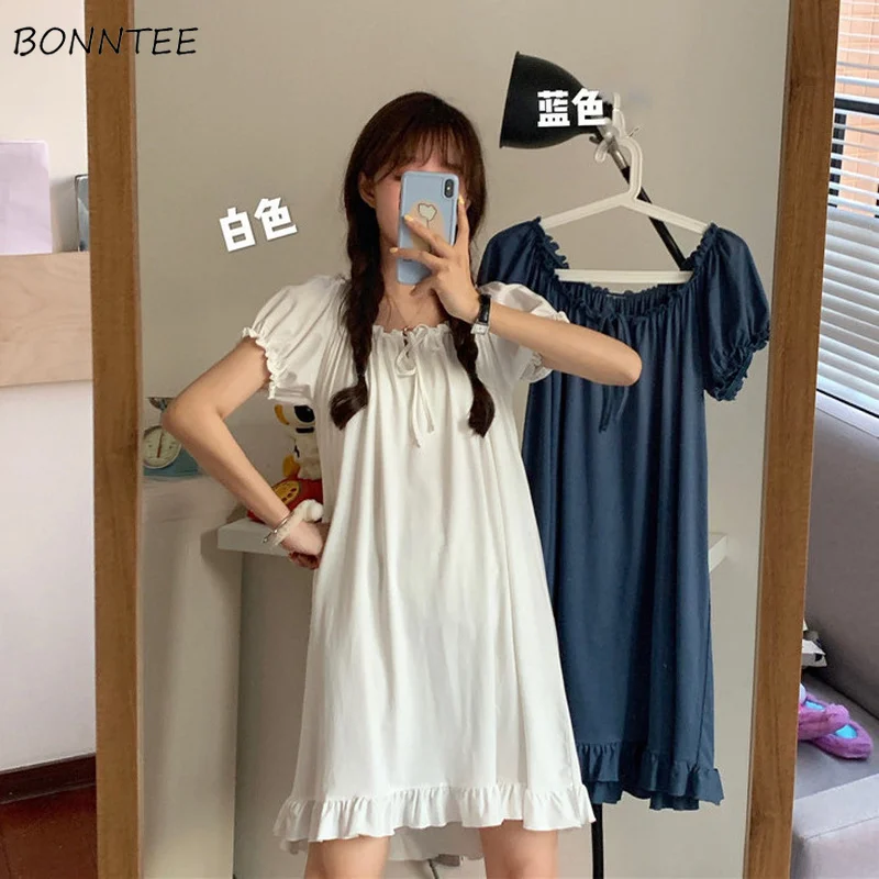 Nightgowns Women Solid Puff Sleeve Ruffles Japanese-Style Kawaii Cute Loose Leisure Preppy Breathable Sleepwear Simple Students