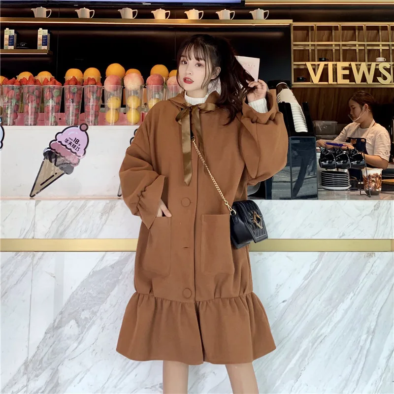 Sweet Woolen coat 2020 autumn and winter new popular Korean loose mid-length hooded ruffled woolen coat women