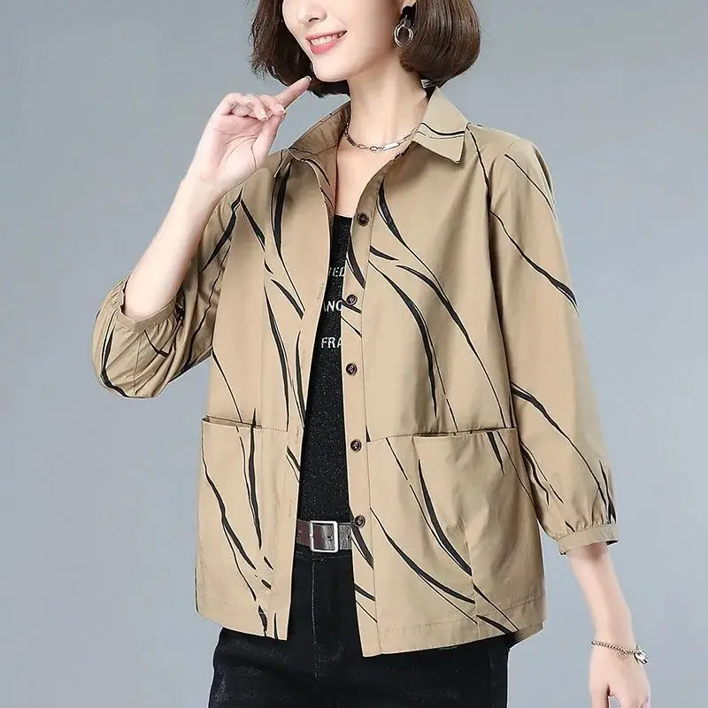 2025 New Spring Autumn Coat Women Jacket Casual Thin Shirt Coat Short Loose Printed Outerwear Top With Pocket Mother Clothes