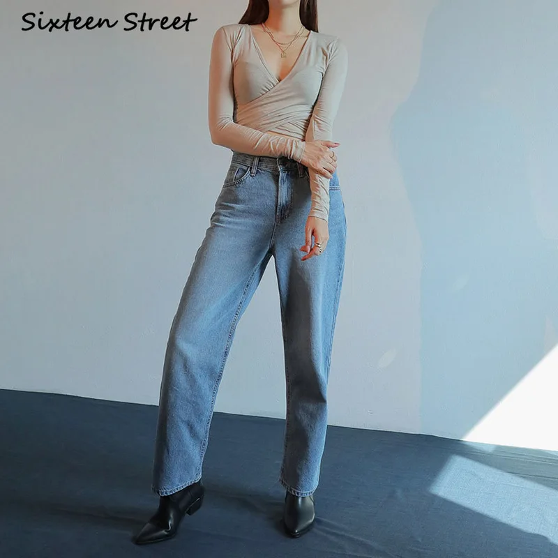 

Chic Korean Clothes Women High Waist Jeans Washed Denim Straight Trousers Female Button Blue Y2K Aesthetic Style Simple Ladies