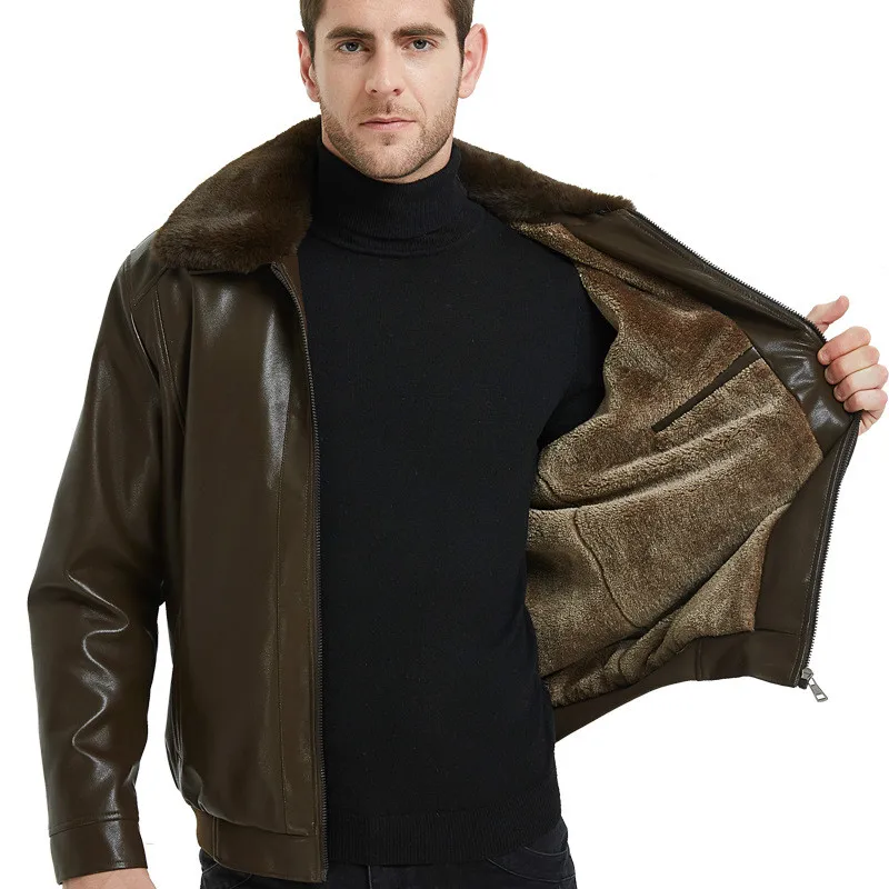 

Male PU Leather Oversized Jacket Winter Faux Fur Collar Thick Warm Fluffy Faux Leather Coat Mens Brown Leather Jacket Overcoat