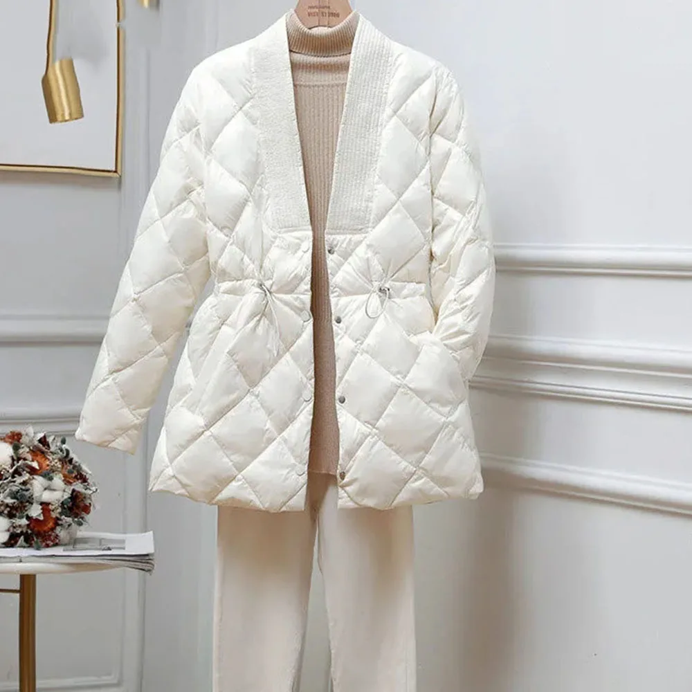 Veste matelassurera en duvet de diamant de style coréen pour femme, manteau en coton épais, mi-long, col en V, taille, chaud, chic, hiver, nouveau