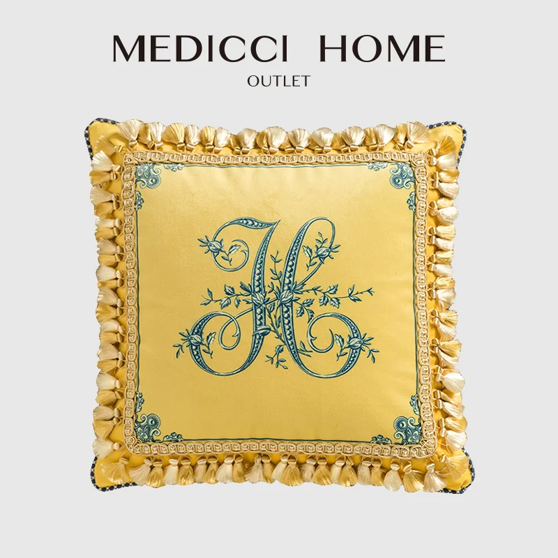 Medicci Home Handicraft Cushion Cover French Style H Letter Authentic Luxury Vintage Yellow Sofa Throw Pillow Case With Tassels
