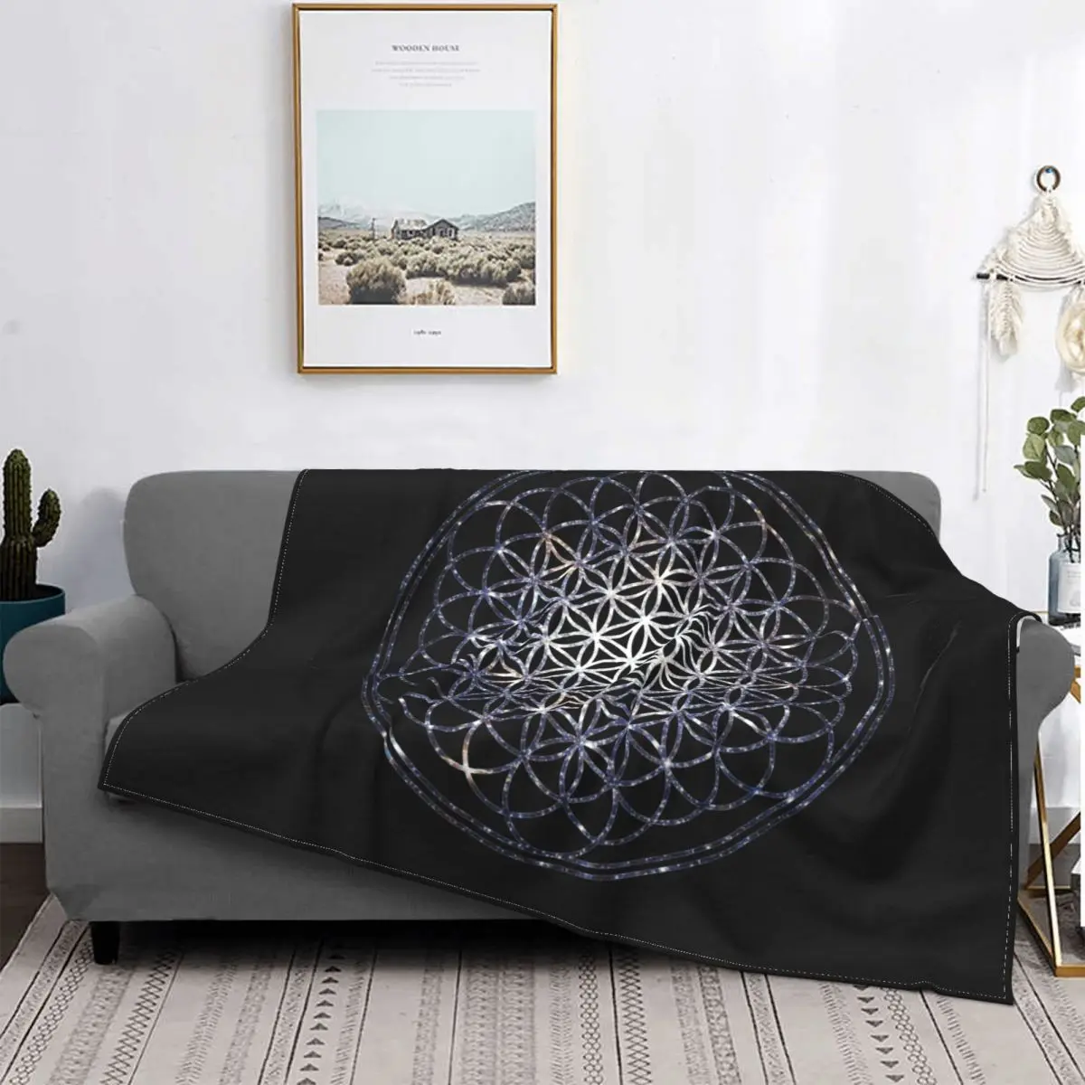 

Flower Of Life Sacred Geometry Star Cluster Blankets Flannel Print Mandala Religious Soft Throw Blankets for Sofa Plush Quilt