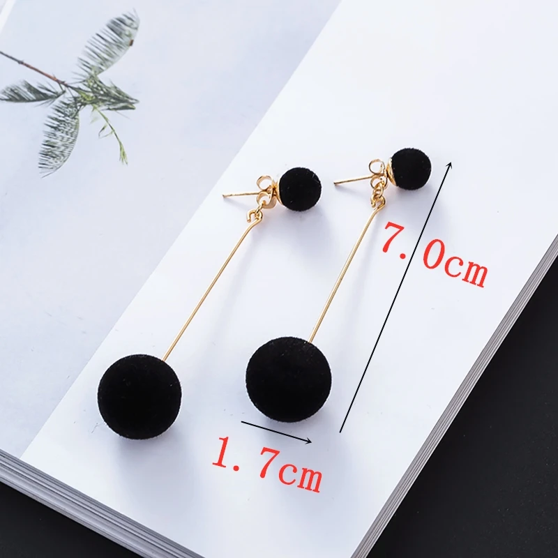 Fashion Red Black Plush Ball Drop Earrings For Women Korean Velvet Round Long Tassel Dangle Ear Statement Jewelry