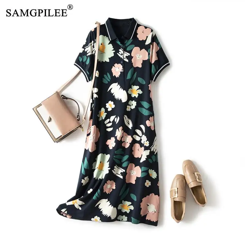 

Summer Dress For Women Elegant Casual Polo Collar Cotton Print College Wind Over The Knee Short Sleeve Dresses Woman