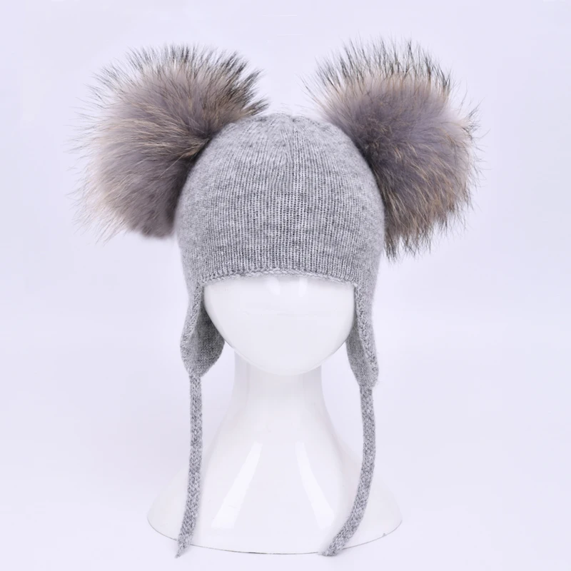 Children Ears Hats Boy Girl Double Fur Pom Pom Fashion Knitted Winter Caps Brand New High Quality Stocking Hat Skullies Bonnet