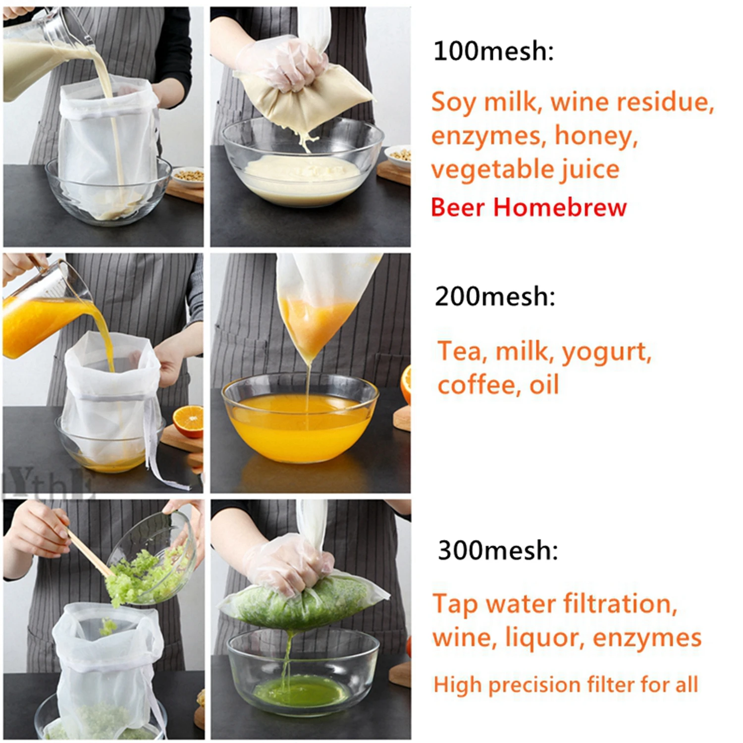 3 Pcs Nut Milk Bags, 150/75/48 Micron Reusable Nylon Food Strainers Bags Soy Milk Filter Bags Yogurt Milk Wine Brew Filters Bag