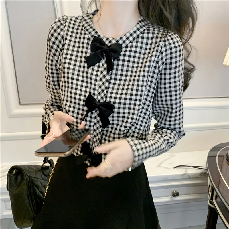 Blouses Women Short Plaid Pattern Bowknot Tops Female's Long-sleeved Shirt 2020 New Autumn Winter Blouse for Femme Blusa Mujer