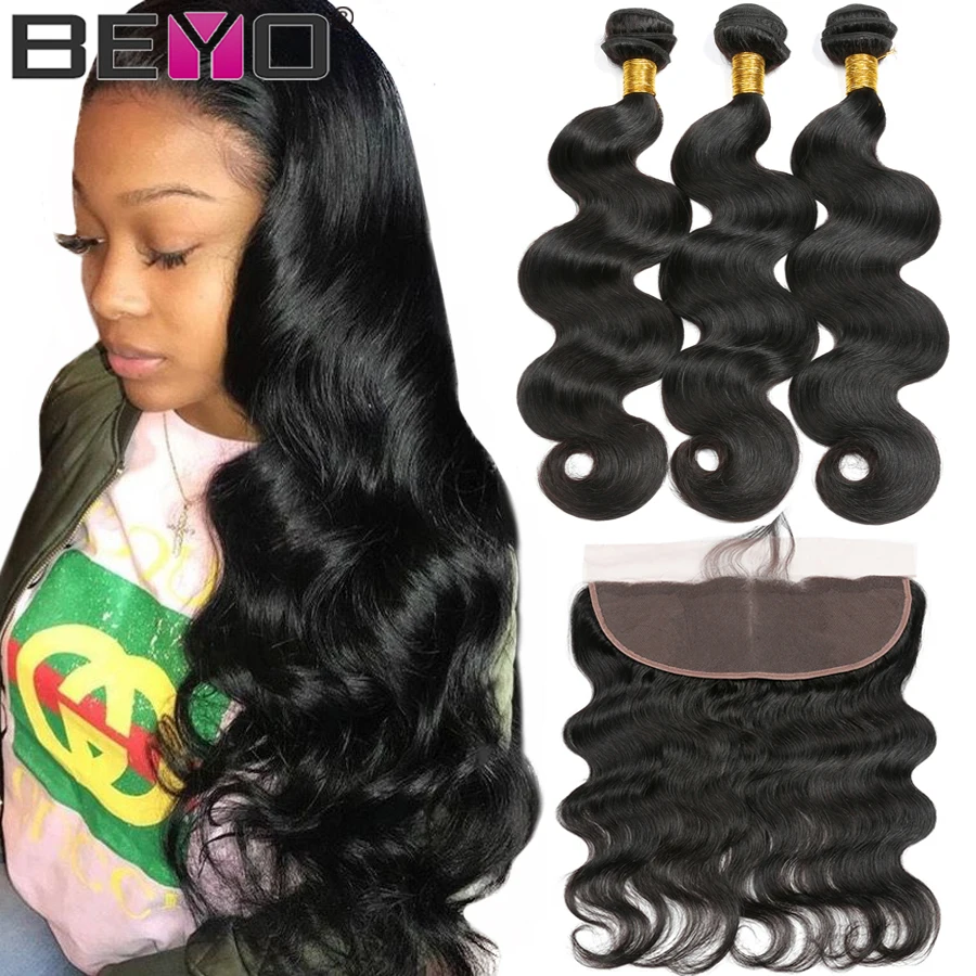 Beyo Body Wave Bundels Met Frontale Peruaanse Haar Bundels Met Sluiting Human Hair Bundels Met Kant Frontale Sluiting NonRemy Haar