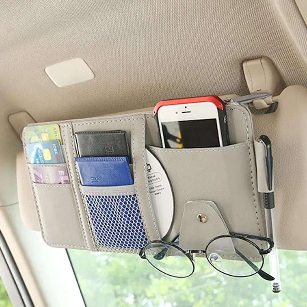 

Faux Leather Car Sun Visor Storage Bag Glasses Ticket Mobile Phone Organizer Easy to Install 29cm x 15cm