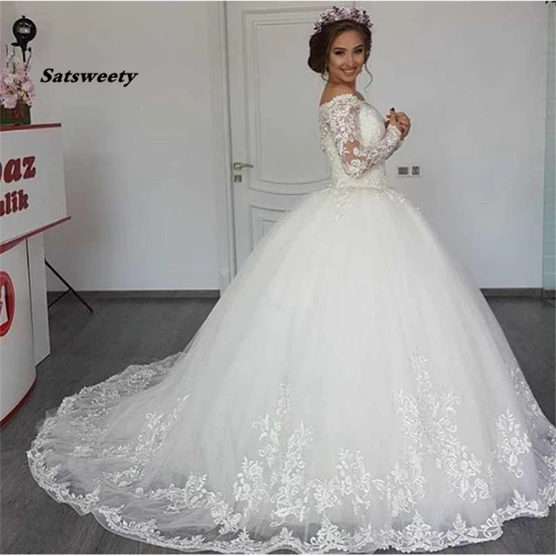 Prinzessin Vestidos De Novia Weg Von Der Schulter Brautkleider Ballkleid Lange Ärmel Applizierte Weiß Elfenbein Puffy Braut Kleider