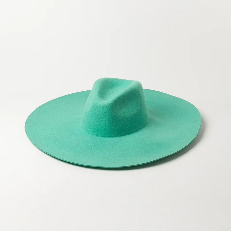 Cyan Apple Green Light Top Fedora Hat Wool Hat Oversized 16cm Large Eaves Light Top Fedora Hat for Men and Women