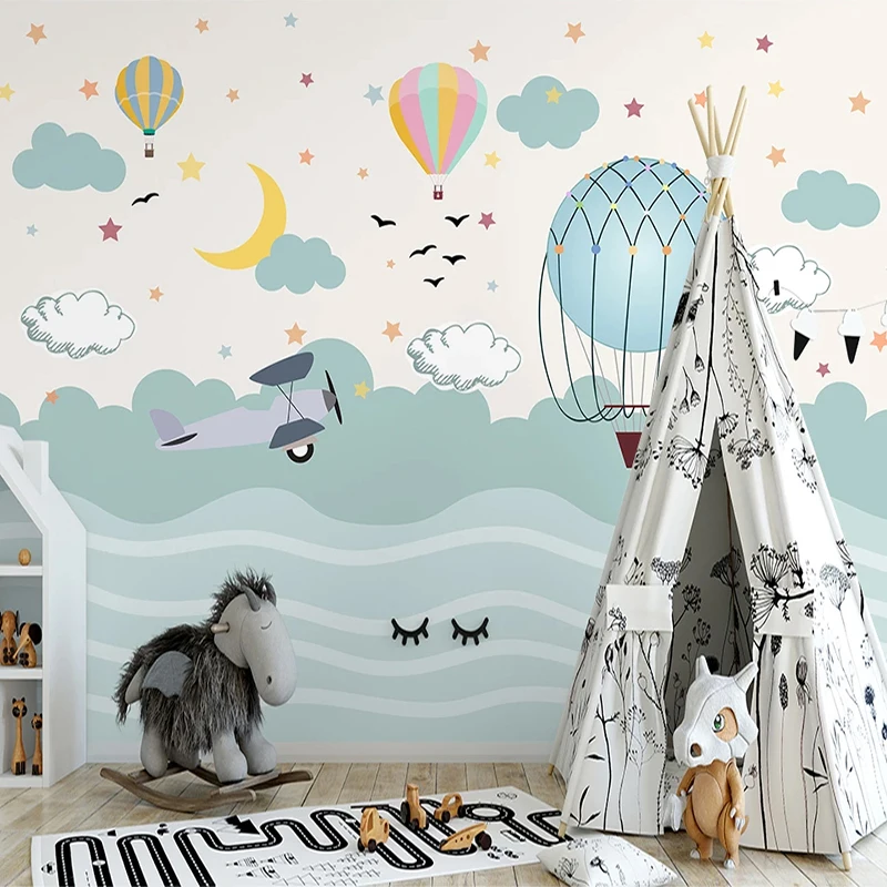 Custom Photo Wallpaper INS Hand Painted 3D Cartoon Hot Air Balloon Starry Sky Mural Children's Bedroom Self-Adhesive 3D Stickers