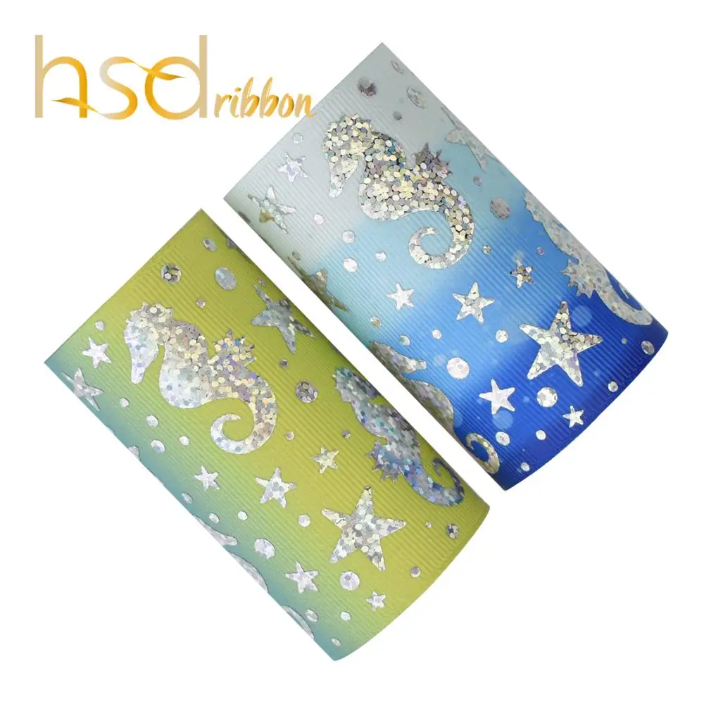 HSDRibbon 75mm 3inch hsd-design custom Seahorse Pattern Silver Foil on HT Grosgrain Ribbon