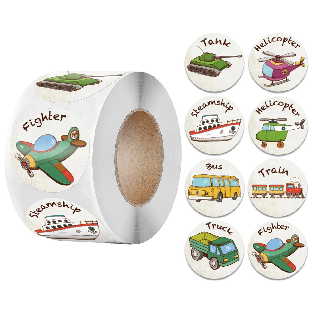 Cute Cartoon Reward Sticker for Kids, Round Sealing Labels, Ônibus, Tanque, Trem, Caminhão, 8 Carros Padrão, Incentivar, Crianças, 50-500Pcs