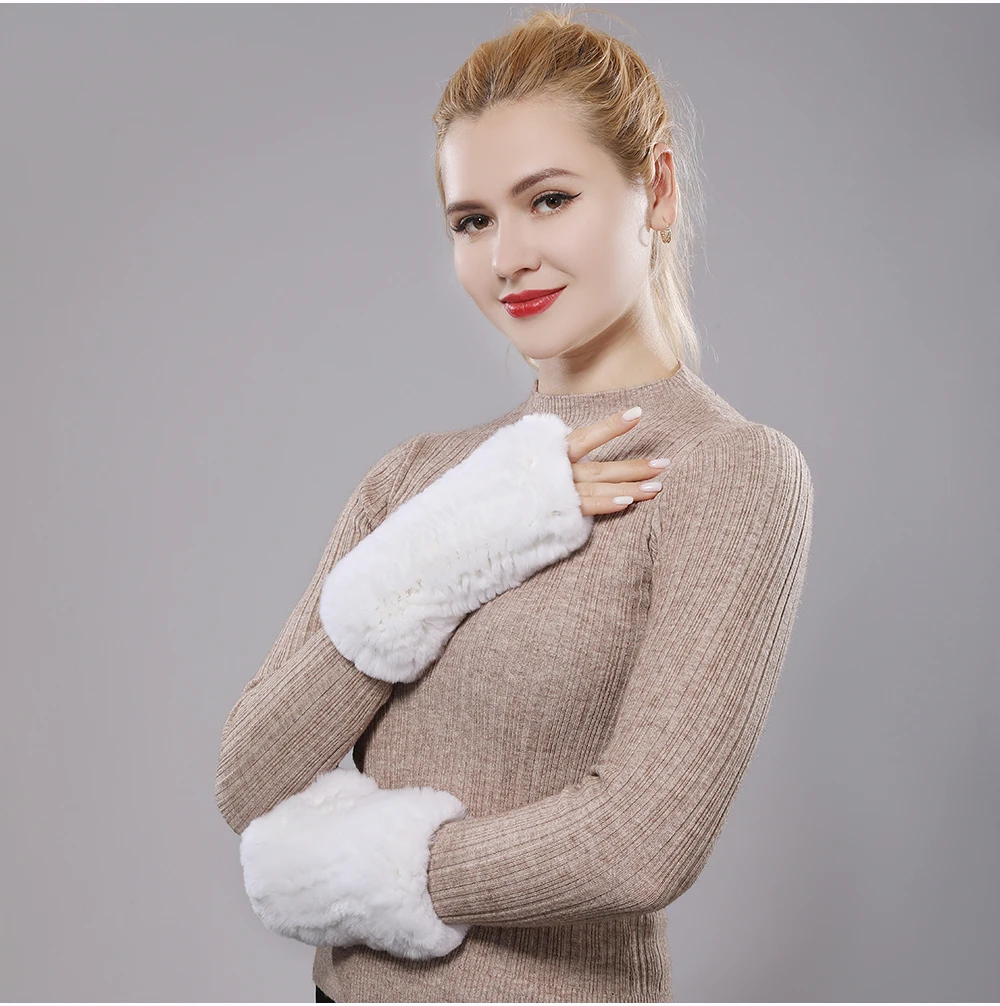 New Women 100% Real Genuine Knitted Rex Rabbit Fur Mittens Winter Warm Lady Real Fur Fingerless Gloves Handmade Knit Fur Mitten