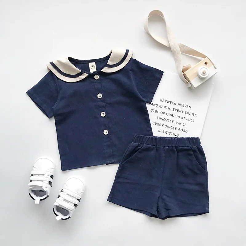 Humor Bear  Kids Clothes Sets Summer Japanese  Korean Style Kids Sailor Collar Cotton Linen T-shirt+Pants 2Pcs Cute Toddler Clot