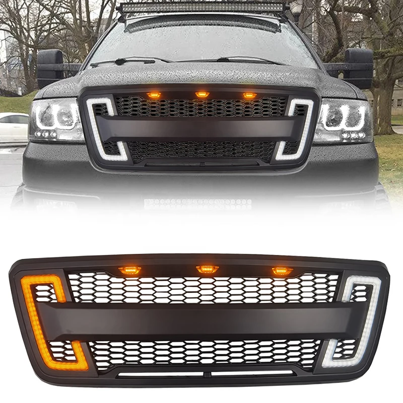 Nuove griglie da corsa anteriori con luce di svolta a LED adatta per Ford F-150 F150 2004-2008 nero opaco Raptor griglia paraurti griglia ricambi