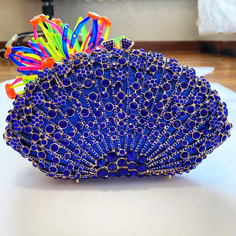 

Luxury Blue Rhinestone Diamond Women Rhinestone Clutch Bags Crystal Handbags Elegant Evening Bag Gold Metal Party Dinner Purse