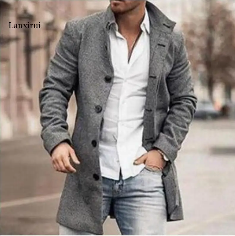 

Autumn Mens Brand Treanch Coats Stand Fashion Long Jacket Overcoat Casual Solid Slim Pocket Coats Black White Outwear