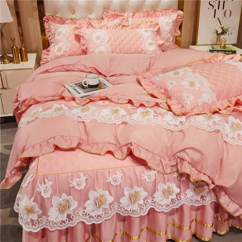 Korean Style Lace Flower Embroidery Duvet Cover for Bedroom Solid Color Simplicity Bedding Set Quilt/Comforter Covers Pillowcase