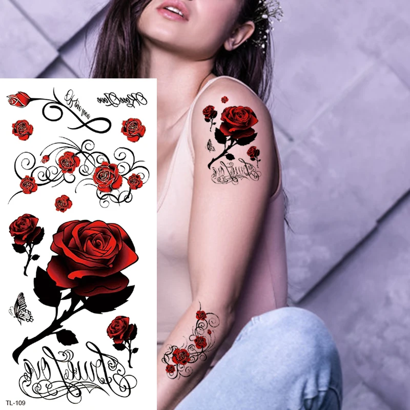 1Pc Waterproof Fake Temporary Tattoos Flower Black Rose Butterfly Lace Body Arm Chest Back Art Sleeve Women Girl Flash Sticker