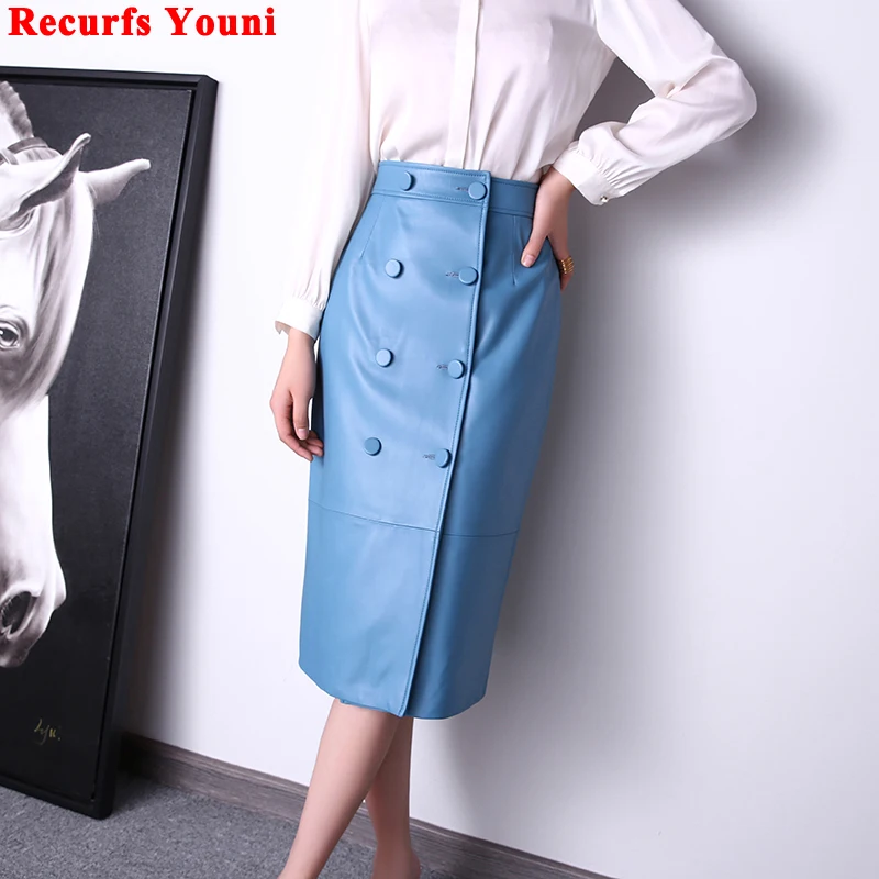 

Genuine Leather Skirt Women 2022 Winter New European Station Lambskin High Waist Double Breasted Wrap Jupe Mujer Blue Long Falda