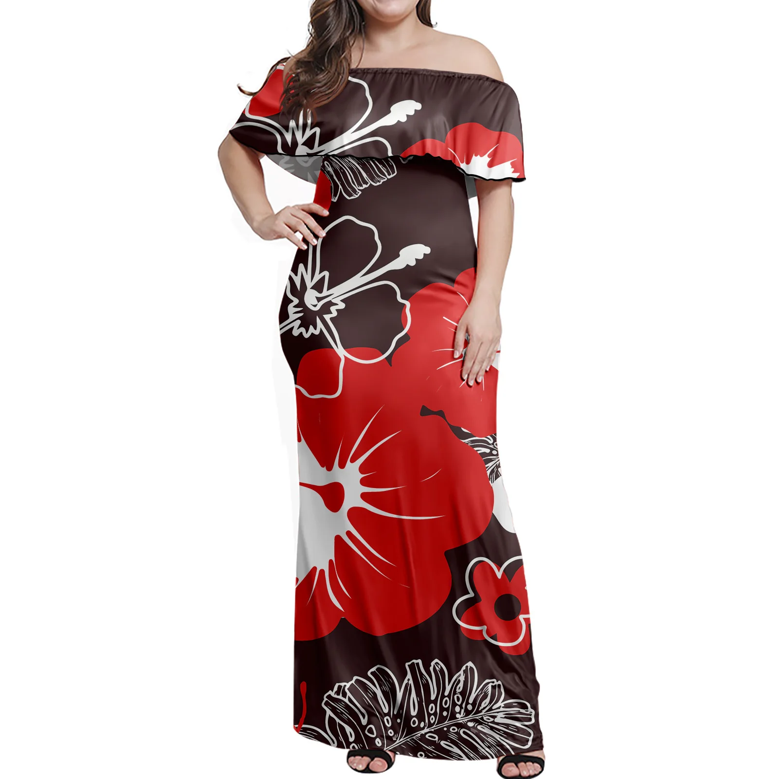 Samoa Polinesia Tribal Floral grande rojo flor impresión en hibisco de manga corta de talla grande vestido de las mujeres fuera del hombro vestidos